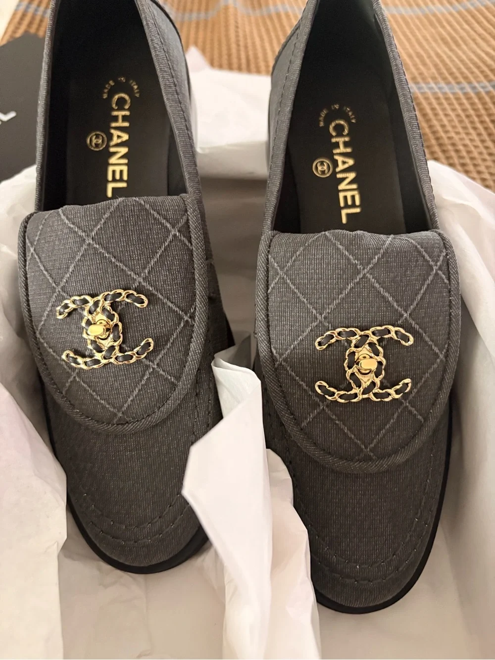 CHANEL Charcoal Quilted Canvas Loafers with Gold CC Chain